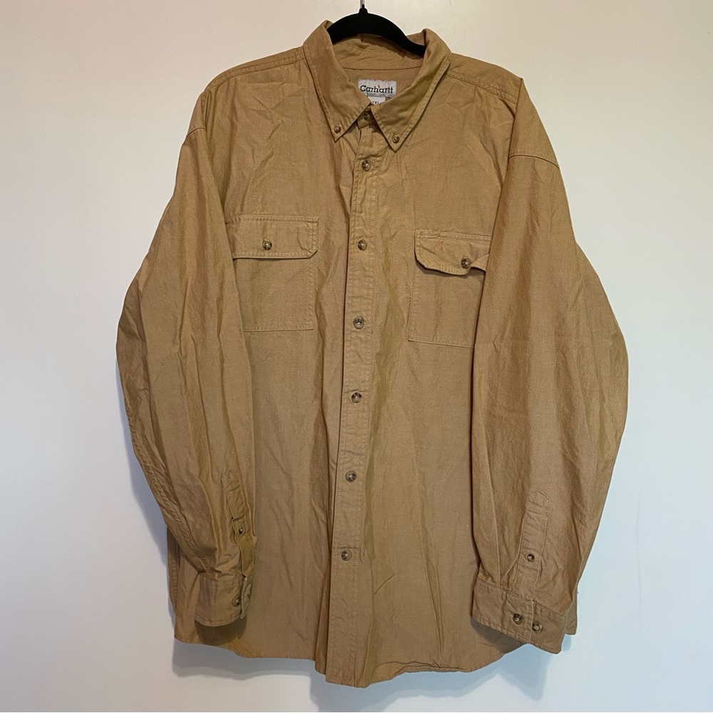 Carhartt Button Down Shirt Mens 2XL Khaki/Tan Work Wear 100% Cotton